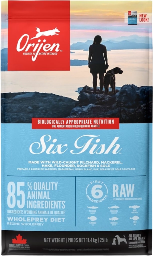 Orijen Adult Six Fish Hondenbrokken 11kg Voorkant Verpakking